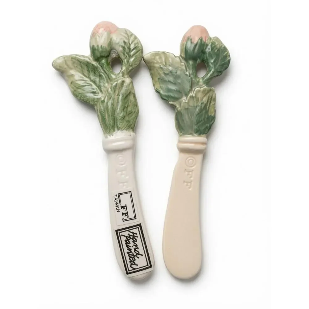 Fitz and Floyd Pink Rose Canape Dish Set with Spreader Knives 7 Piece